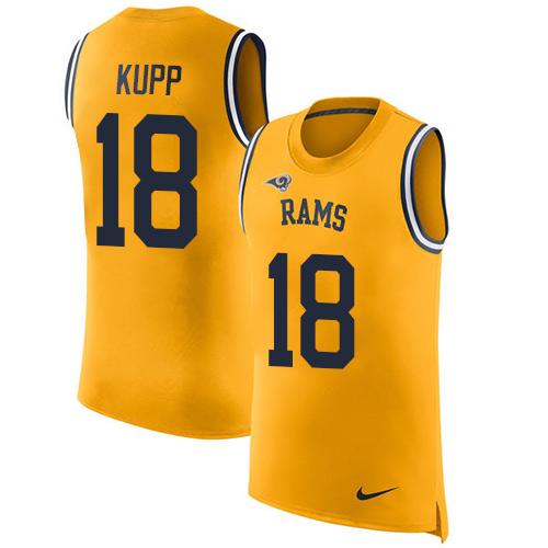 Nike Rams #18 Cooper Kupp Gold Men's Stitched NFL Limited Rush Tank Top Jersey - Click Image to Close